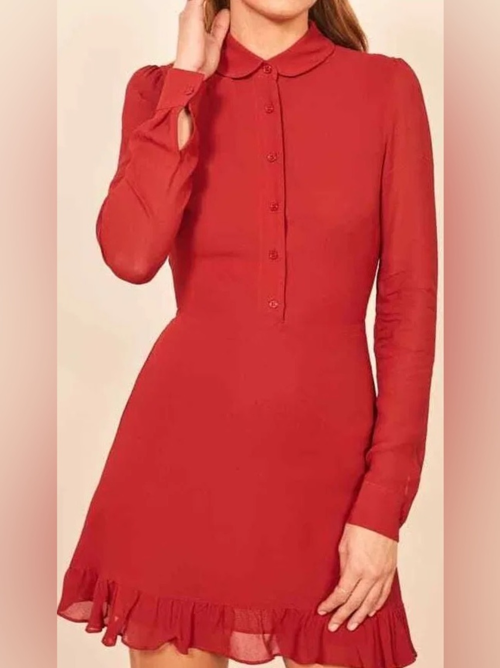 Reformation Lady Long-Sleeve Ruffle Hem Dress Crimson Red Size 2